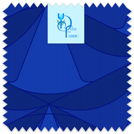 Swooping blue Art Deco design over a pin stripe backdrop with blue accents.